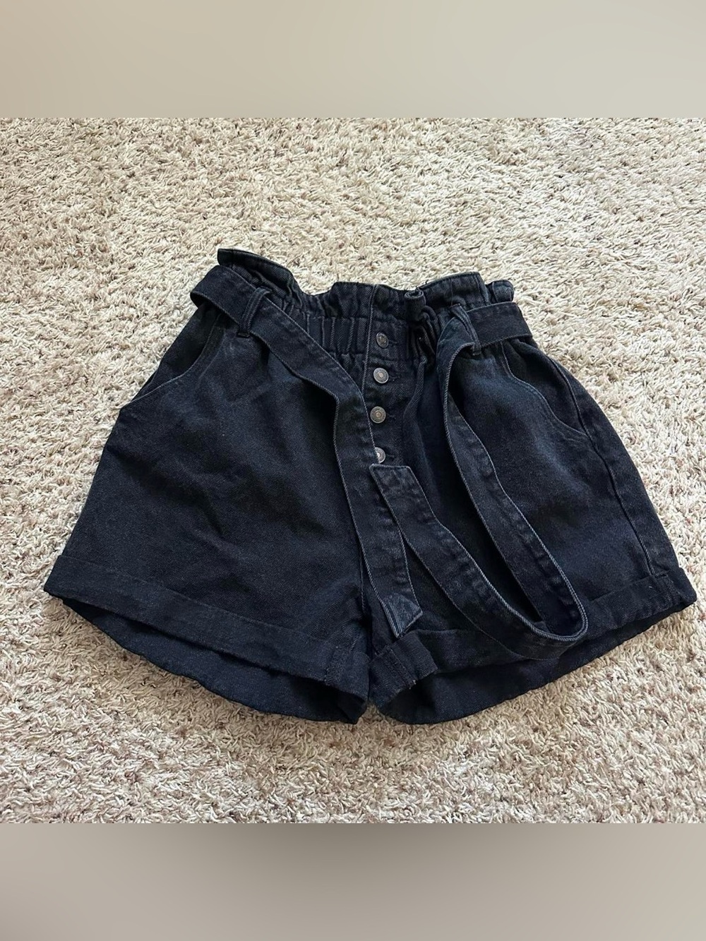 Forever 21 Black Denim Button Fly Paper Bag Tie Denim Shorts Size 29/8 Cotton